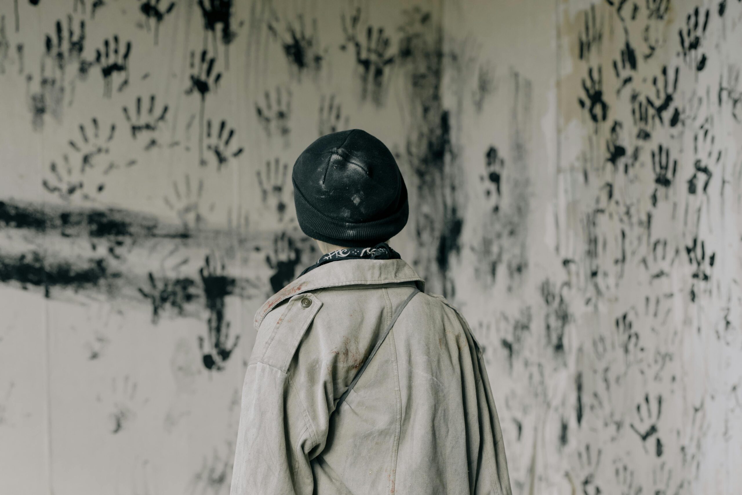 person look at wall with black hand prints