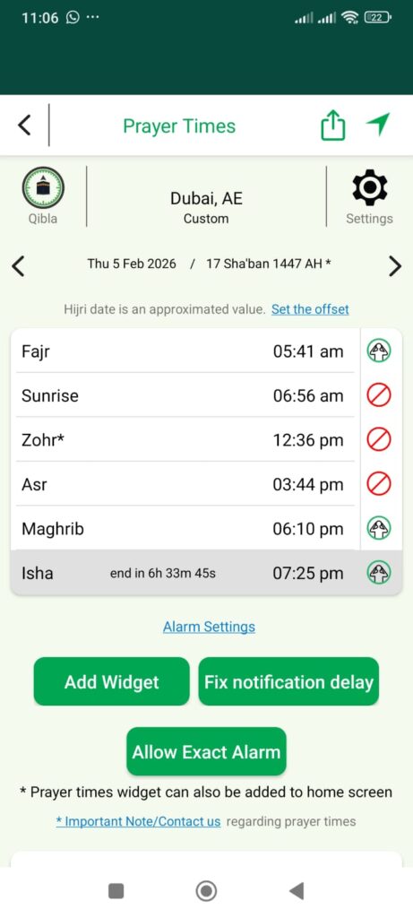 prayer timings in quran majeed app